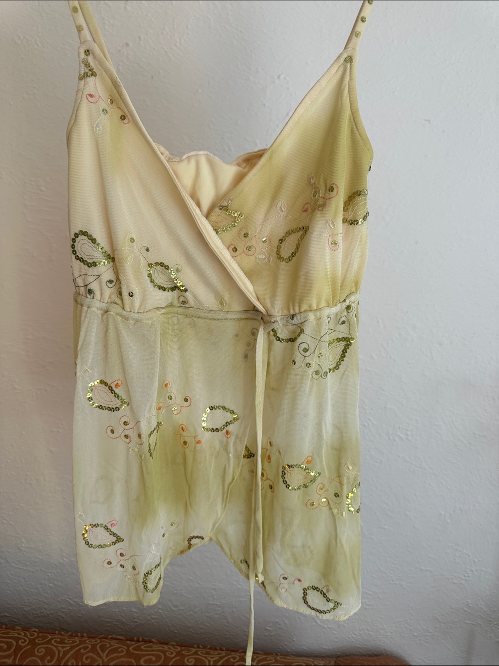 Sheer Embellished Chemise in Light Green and yellow /buttery yellow